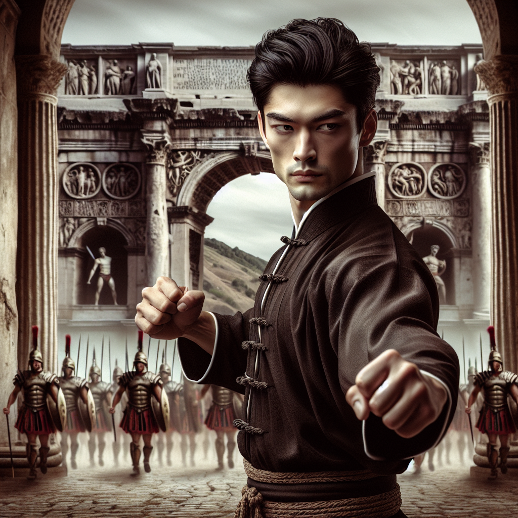 Create an image featuring a martial artist with a lean physique and distinctive Eastern style, positioned within an ancient Roman setting. Let the character have jet black hair, be wearing a traditional Chinese martial arts uniform, and possess an intense, focused expression. The surrounding environment should convey the grandeur of ancient Rome, with recognizable landmarks such as the Colosseum, legionnaires in marching formation, sculptures, pillars, and frescoes in the background.
