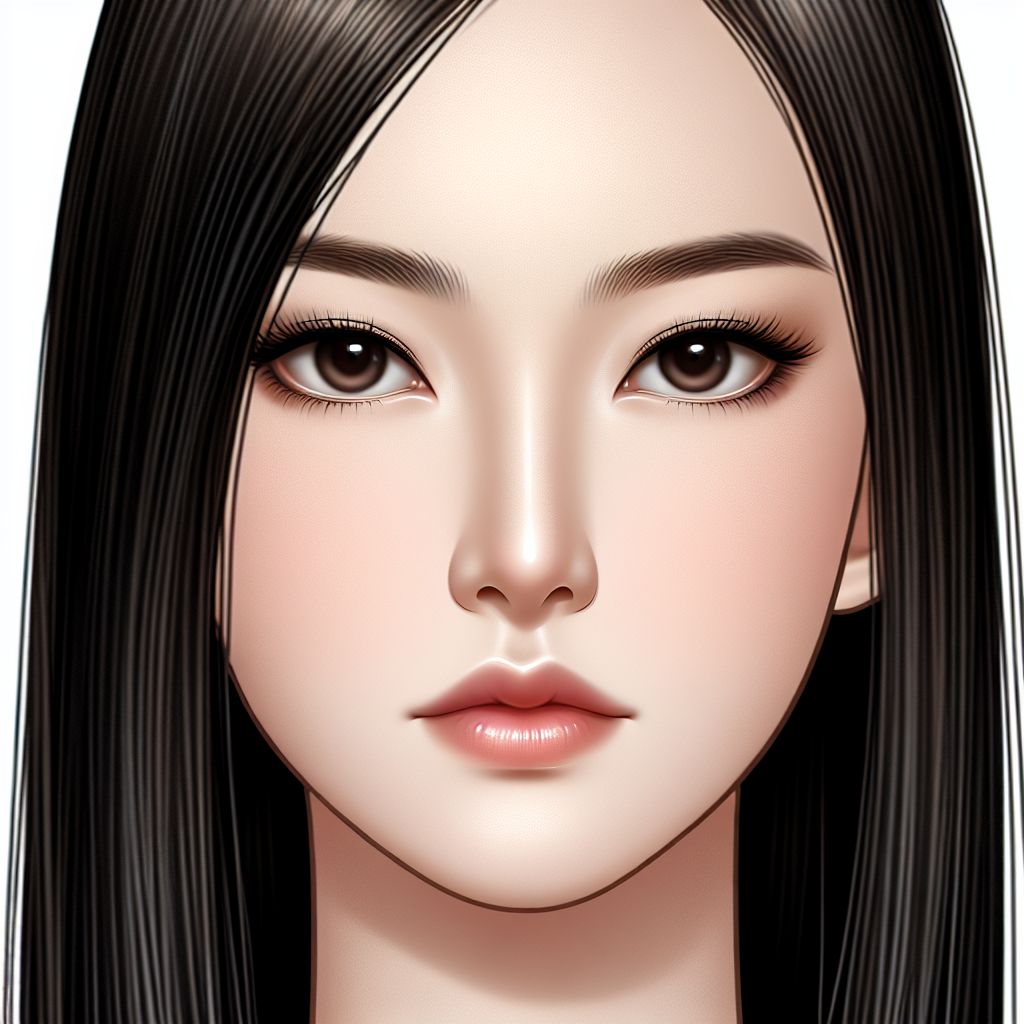 Create a beautiful modern Chinese woman's face in a serious expression. She has fair skin, almond-shaped eyes, a delicate nose, small lips, and long straight black hair.