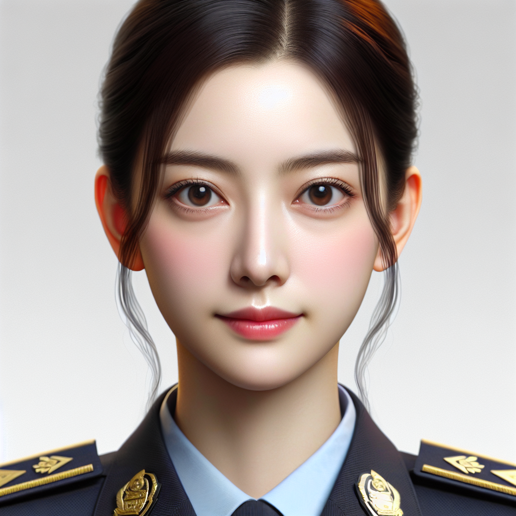 Create an image of a young, beautiful Chinese policewoman as seen in movies. She has an oval-shaped face and fair skin. Ensure her face is clearly visible.