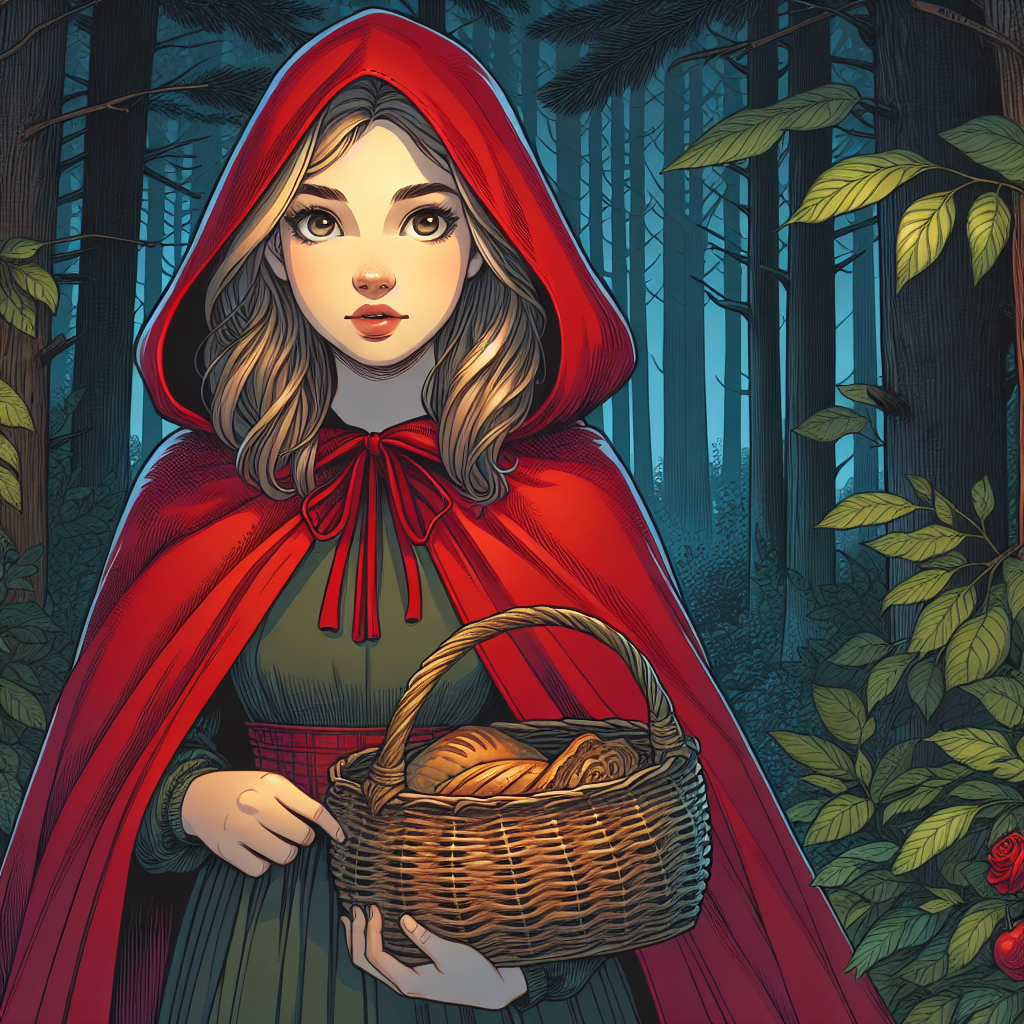 Create a detailed illustration of a girl wearing a striking red cloak with a hood, standing in a deep, thick forest. She is holding a woven basket containing pastries. Her facial features indicate she has a Caucasian descent. She's shown as intrigued but cautious, the rustling leaves and the ambiance of the mysterious woods encapsulating her.