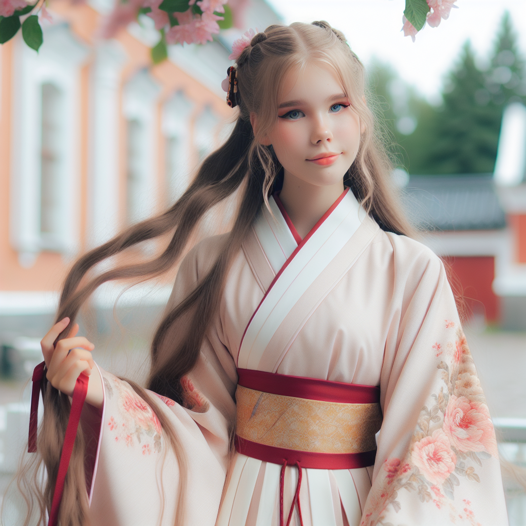 A Finnish girl with long hair, gentle and generous in character, a well-proportioned figure, dressed in traditional Chinese Hanfu.