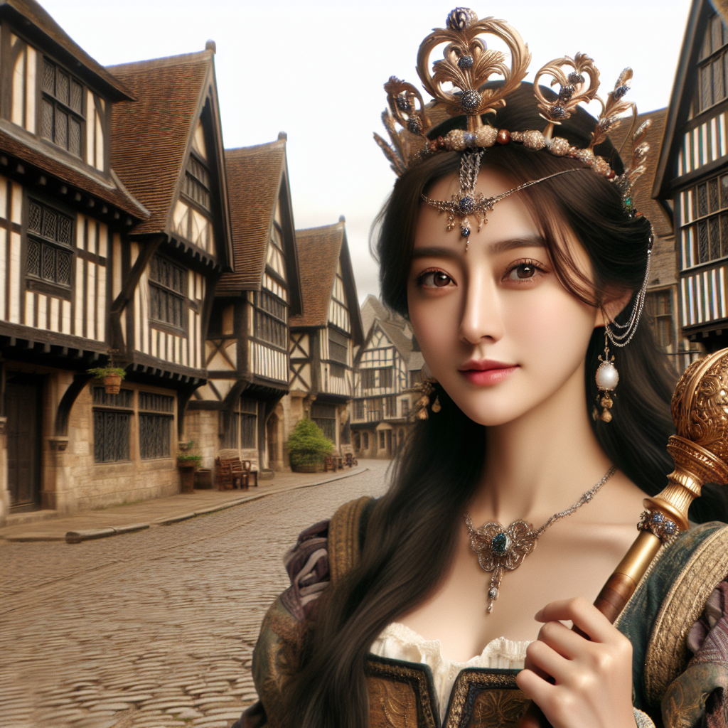 Generate an image of a East Asian female character, wearing traditional Medieval European attire, walking on a cobbled street with timber-framed houses in the background. She has flawless complexion, is adorned with a jeweled headpiece and is holding a scepter made of gold.