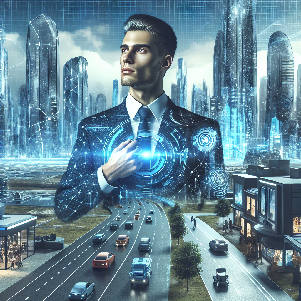Create an image of a male individual living in the 23rd century, situated in a futuristic society. Imagine how the fashion, technology, and everyday world might have evolved by then. The man could be going about his regular day, perhaps at work or leisure, amidst a futuristic cityscape or in an advanced home environment.