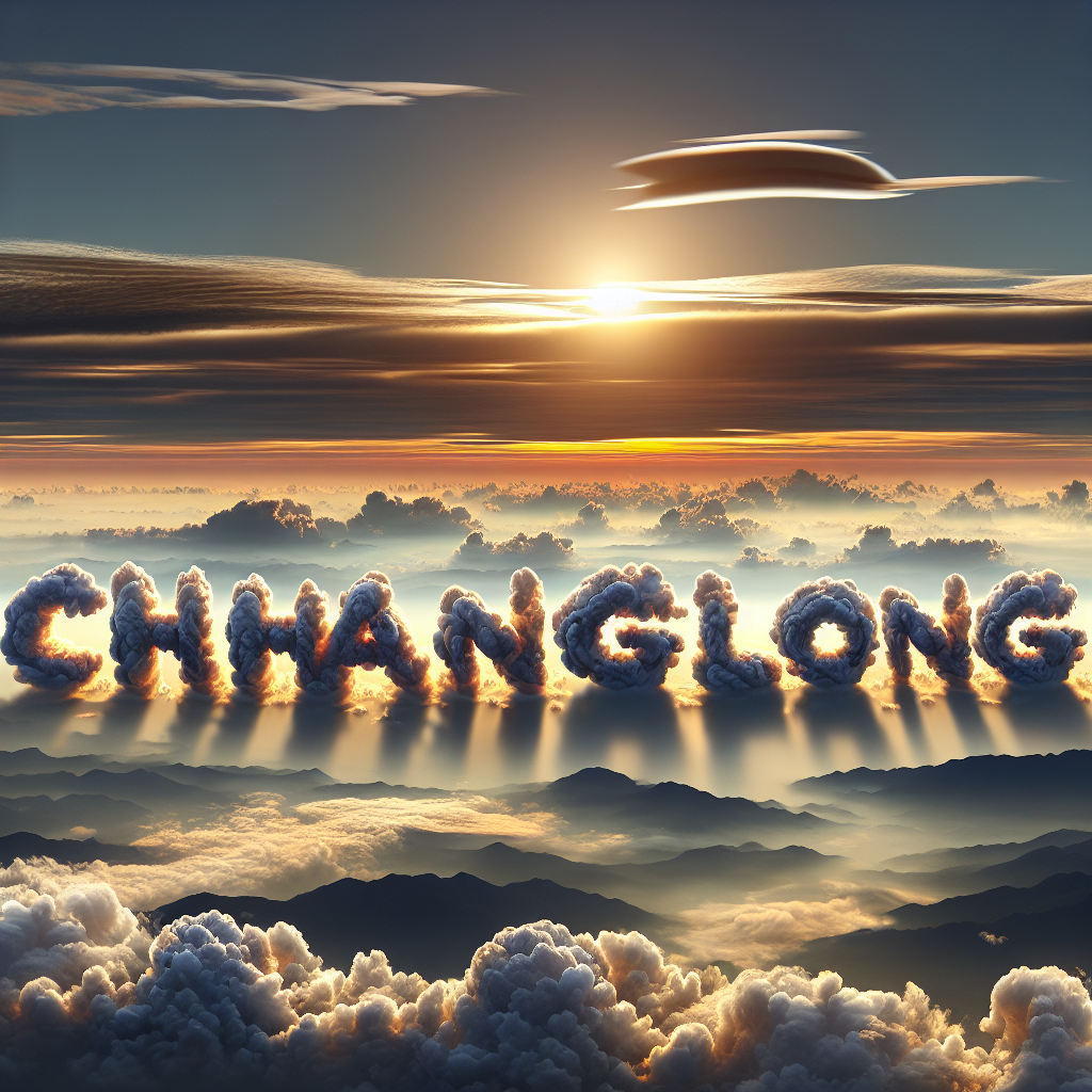 Visualize a hyper-realistic depiction of a cloud formation in the sky, intricately shaped to spell out the word 'Changlong'. The words should be formed by the subtle interplay of dawn light and cloud density, creating beautiful contrasts and shadows. The cloud text should hover against a breathtaking backdrop of a rising sun, casting warm hues across the sprawling sky, amplifying the surreal spectacle.