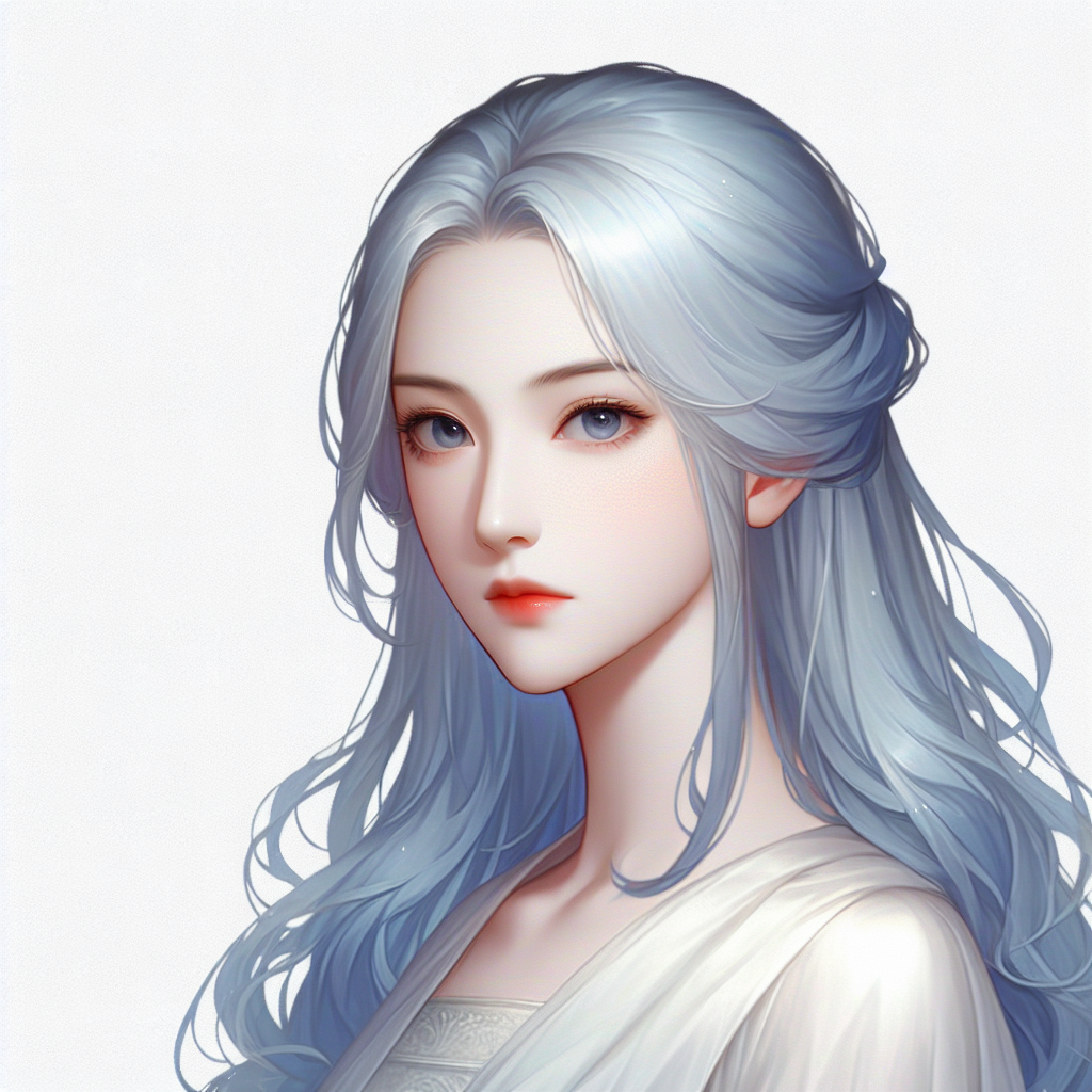 Generate an image of a woman with distinctive traits resembling a popular fictional character named Lu Xueqi from a novel. She has long, ice-blue hair, and she wears a white dress. This elegant woman is known for her beautiful and serene expression, her eyes are deep and clear. The image should clearly depict her face.