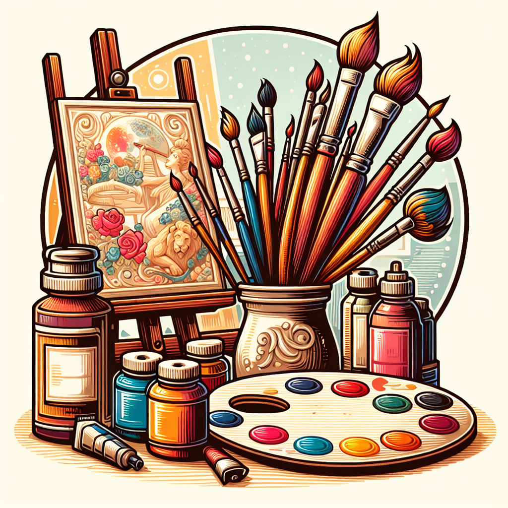 Create a vector image embodying the theme of art. The composition should hold a variety of classical symbols often associated with art. Exquisite paints in their tubes, well-used brushes with bristles of different thicknesses, a painter's palette rich with different colors, and an easel holding a canvas. The environment should be a clean, well-lit artist's studio.