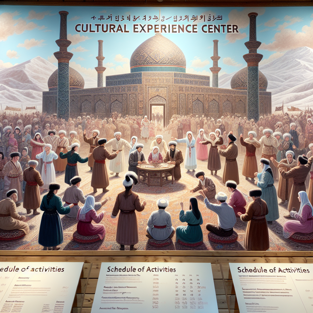 A cultural experience center dedicated to Komuz culture, regularly hosting cultural events such as Komuz Festival and the Kazakh New Year, offering visitors an authentic cultural experience. Please note that the schedule of activities is released on the official website of the museum or at the front desk. Depict people of varying descents and genders participating in the cultural festivities, learning and immersing themselves in the rich traditions and customs of the Komuz culture and Kazakh New Year.