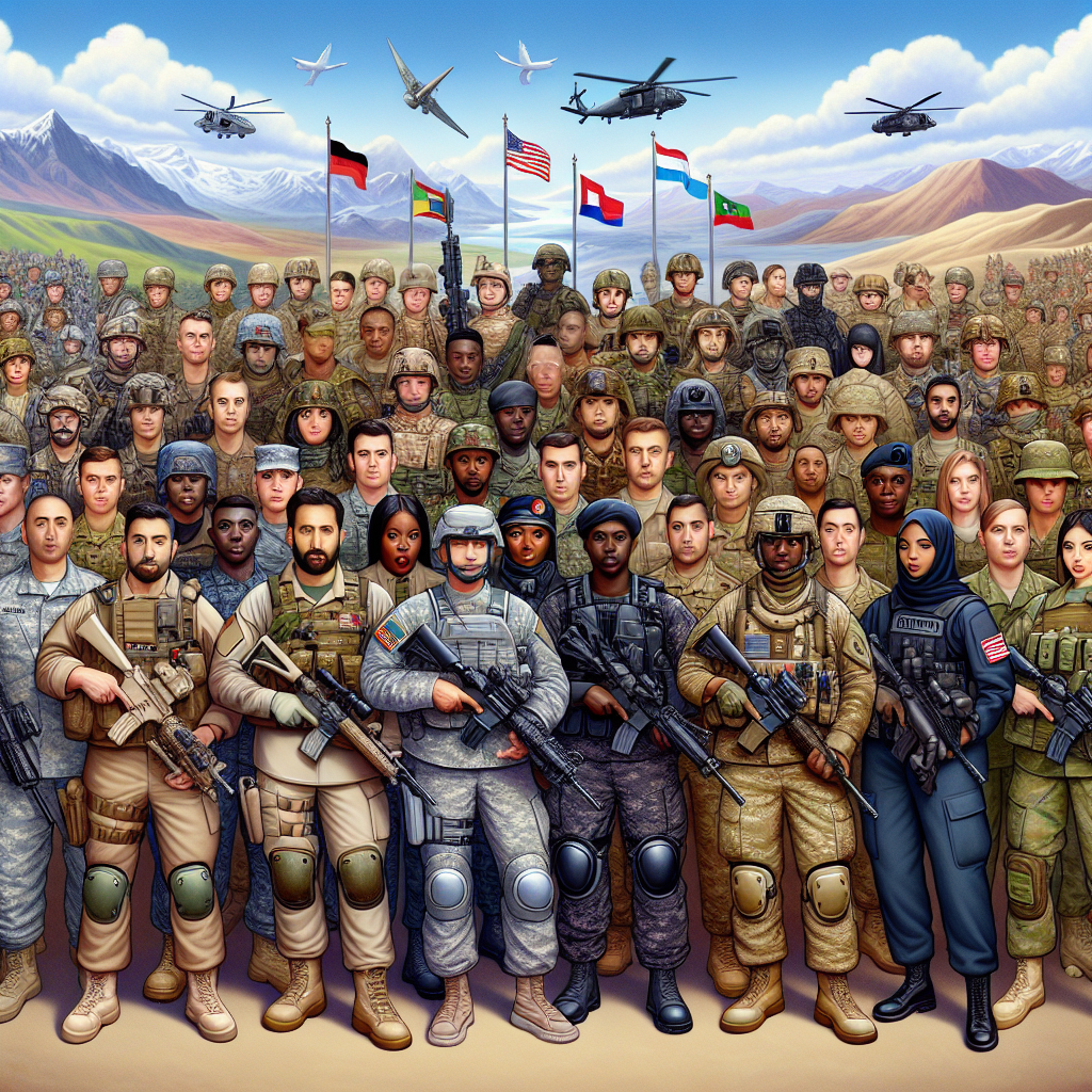 An illustrative depiction showcasing a diversity of military personnel from around the world. Including, but not limited to, Caucasian and Hispanic Males in combat uniforms and gear, alongside, Black and Middle-Eastern Females in comparable attire. Each soldier character reflects their distinct regalia and weaponry representing their respective nations' military. The backdrop is a merge of different landscapes like mountains, deserts, and forests, symbolizing various terrains where military operations may occur. The scene does not promote violence but emphasizes diversity, unity, and mutual respect among international armies.