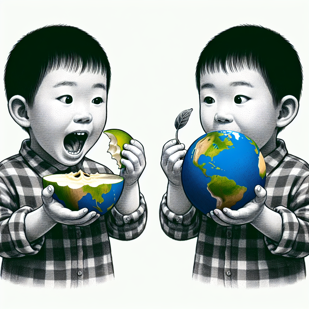 A small boy, of Asian descent, is taking a bite from an apple. The apple, uniquely, contains a miniature depiction of the Earth inside. Notably, the Earth has a bite taken out of it, mirroring the boy's action on the apple.