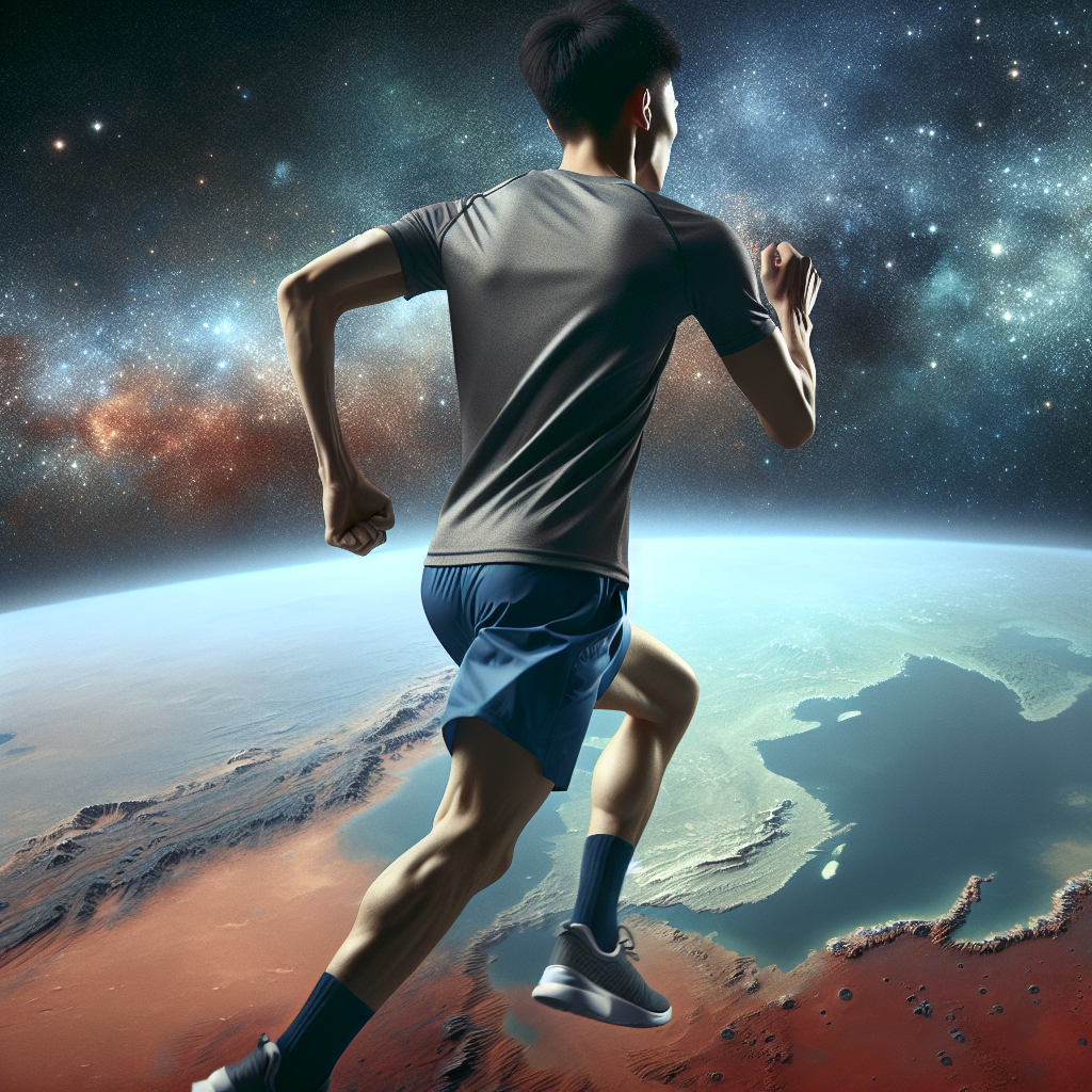 A fit young Chinese man, wearing athletic shorts and a t-shirt, is running passionately on Mars. The image places focus on the dynamic rear view of his figure as he runs. The background reveals the depths of the starry sky and the deep blue Earth.