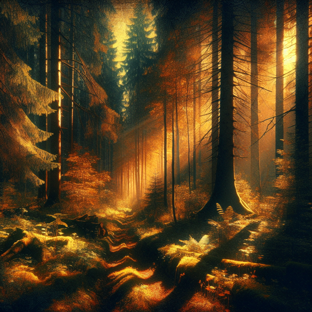 Generate an image depicting a scene from the notebook of a hunter, characterized by an atmospheric Russian forest setting. The forest should echo the wilderness of Russia, abundant with mixed deciduous and coniferous trees. Shadows cast by tall trees are harmonizing with the golden light piercing through the canopy, providing the view with a mystic aura.