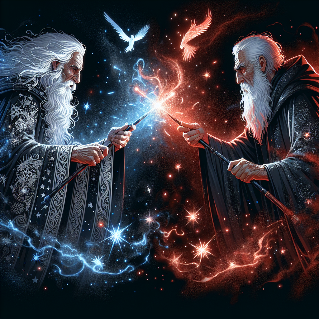 Two aged wizards are in an intense duel. They wave their magic wands, causing sparks to fly all around. The wizard on the left projects a blue glow from his wand and sports long white hair and beard, wearing robes adorned with celestial motifs. The wizard on the right emits a red glow from his wand, he has no hair and is dressed in dark, simple robes.