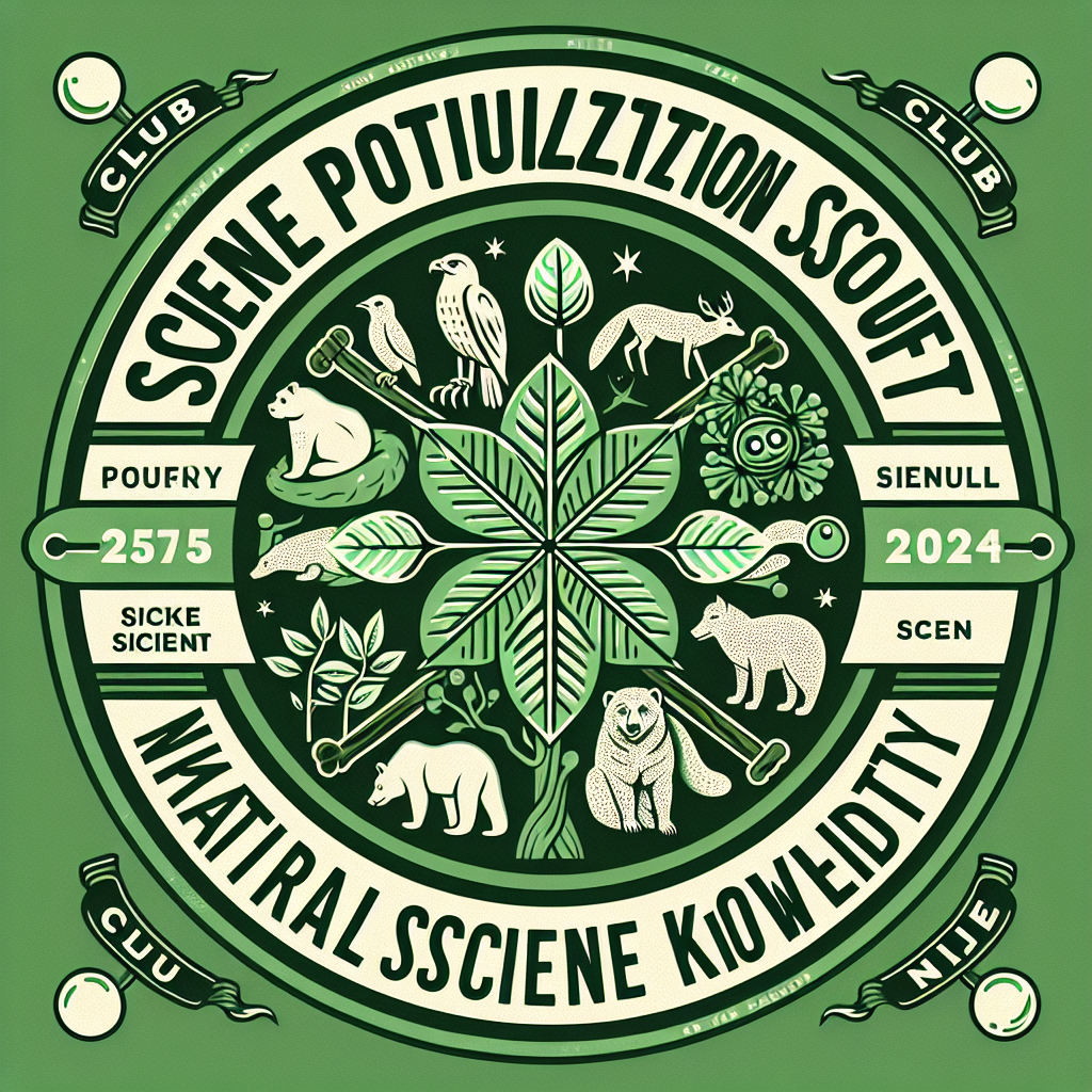 Design a club emblem for a club called 'Science Popularization Society', which is focused on popularizing natural science knowledge. The main color scheme of the emblem should be green, and it must contain elements of animals and plants. The emblem should also include the club's name and the year it was established, which is 2024. The design concept should emphasize the philosophy of harmonious coexistence between humans and nature.