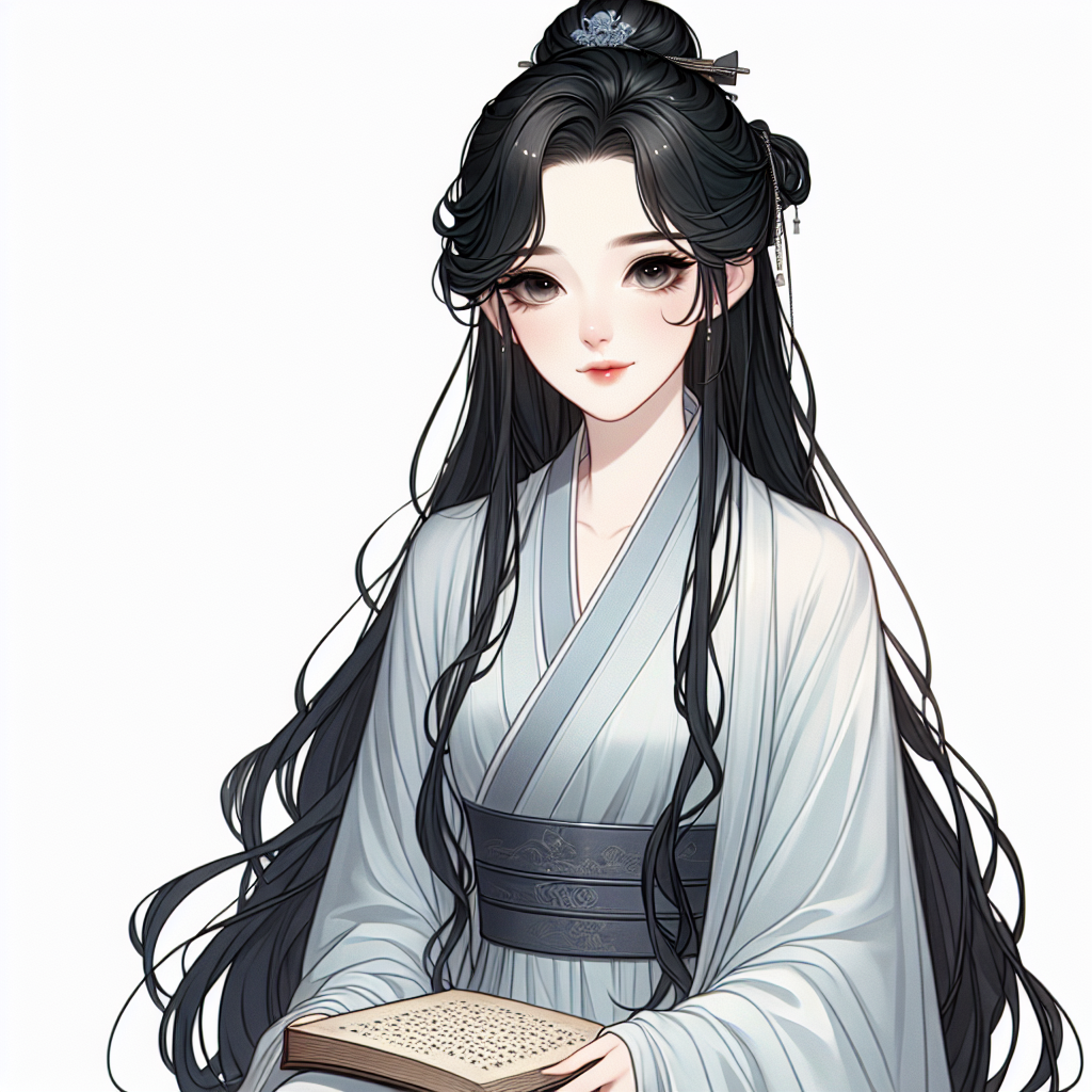 An illustration of a young woman who embodies the characteristics of a novel character. She has long, shimmering black hair and bright, intelligent eyes. She is dressed in elegant, flowing robes, typical of ancient Chinese style. There's an air of elegance and calmness about her, as she sits demurely holding an ancient manuscript in her hands.