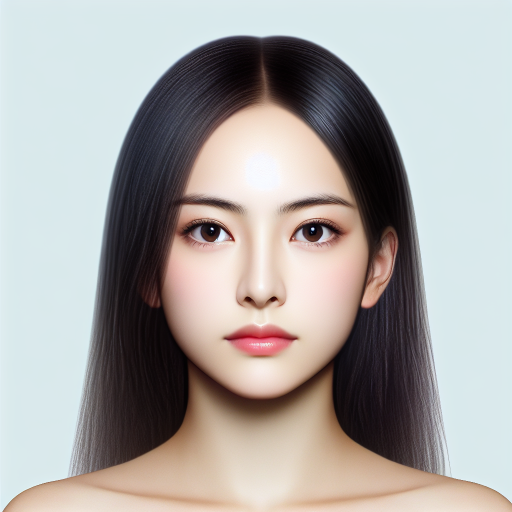 Generate an image of a beautiful, modern Chinese woman in a frontal pose, with a serious expression. She has a melon-seed shaped face, fair skin, a pair of almond eyes, small lips, and long, straight black hair.