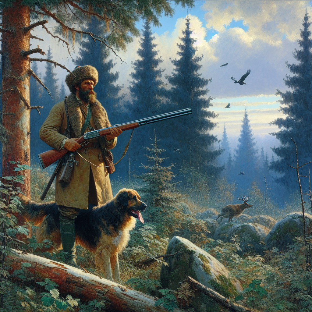 Depict a scene inspired by Turgenev's 'A Hunter's Sketches', set in an undisturbed Russian forest. This should be in a realistic style. In the painting, include a hunter of Caucasian descent holding a rifle, accompanied by his hunting dog, surrounded by the serene wilderness.