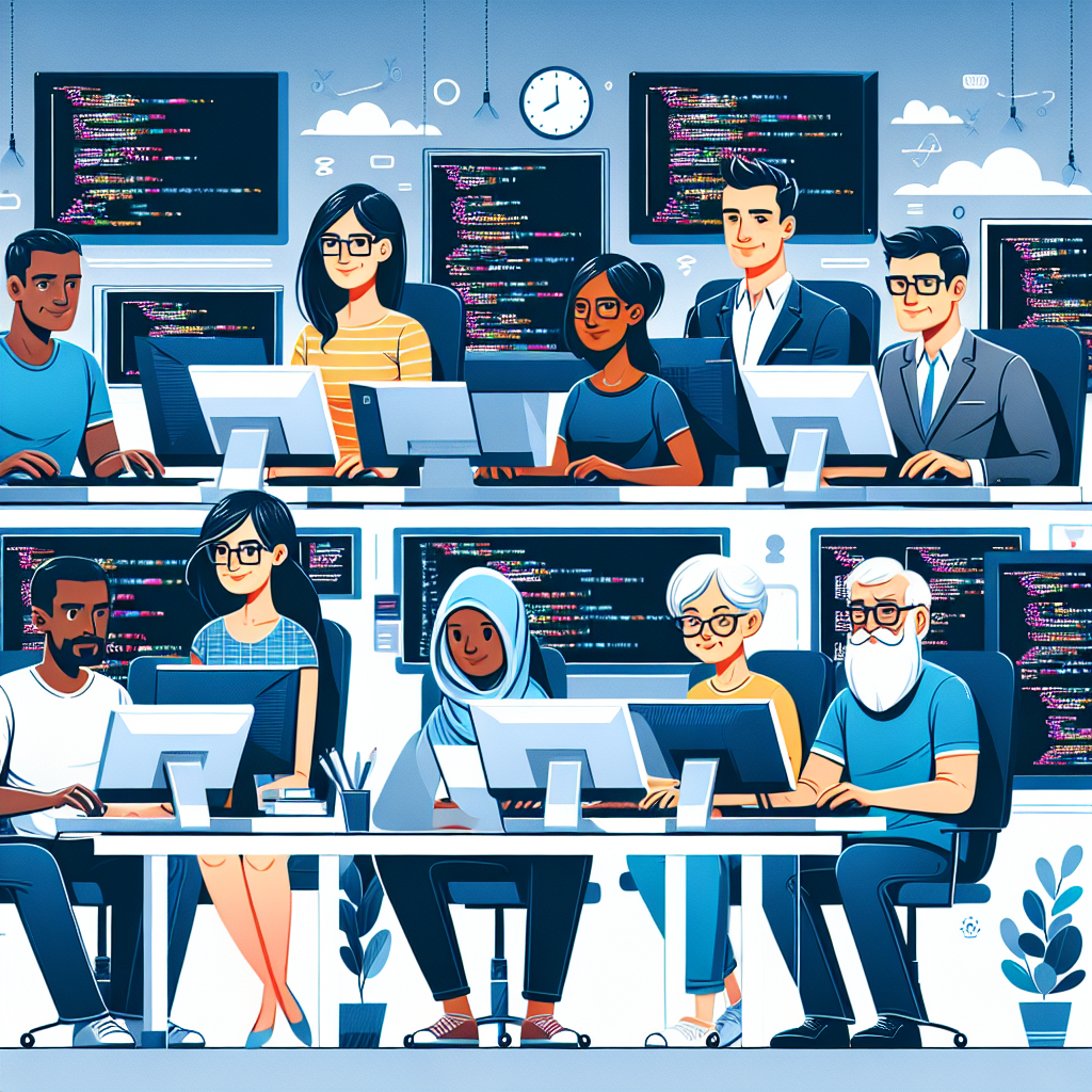 Create an image that depicts a diverse array of people, each sitting at a computer and coding. Show a Caucasian man, a Black woman, a South Asian male, a Middle Eastern girl, and a Hispanic elderly woman, all portrayed as programmers in a modern office environment, interacting with complex coding language on their large, multiple-screen workstations
