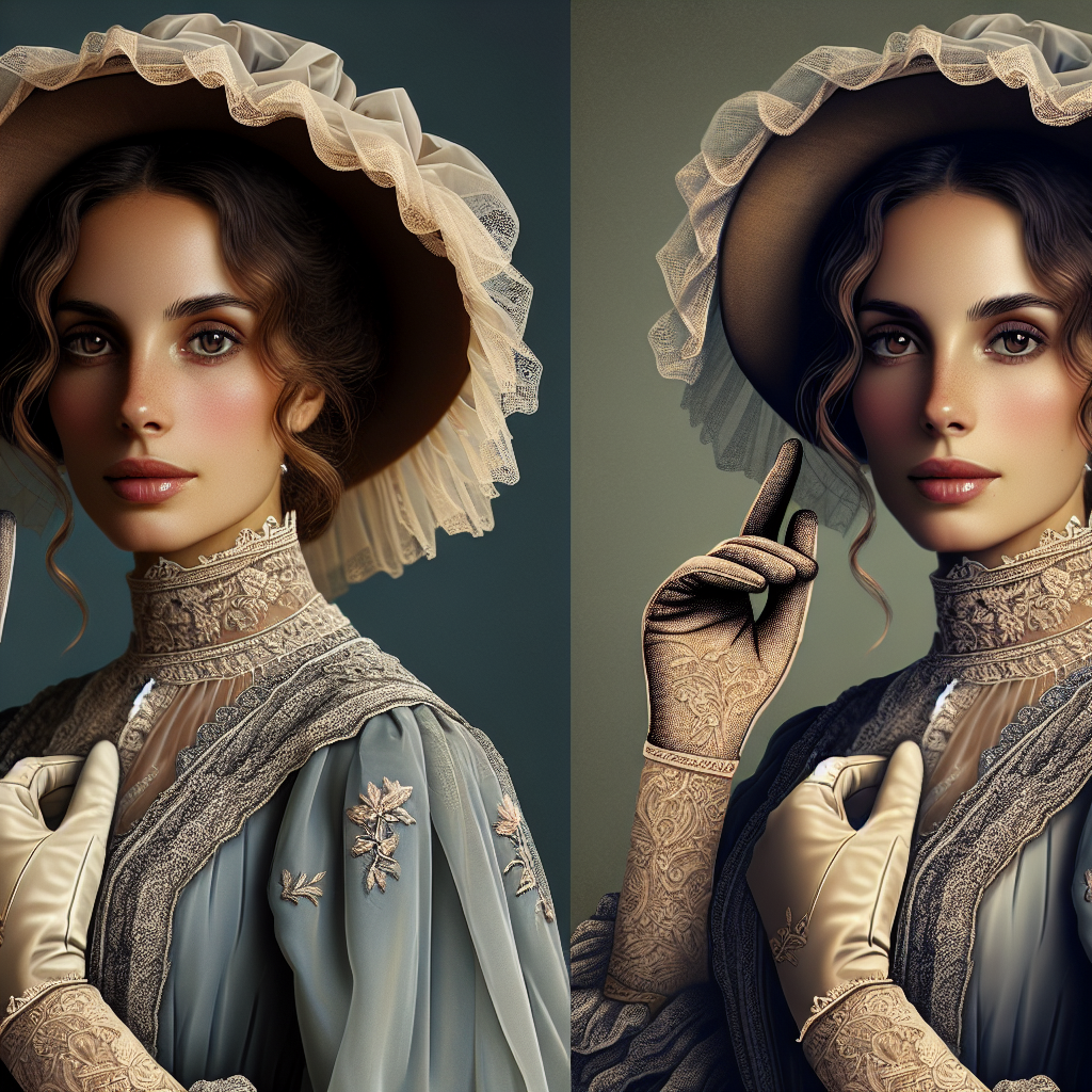 Create a visual representation of the female protagonist, Mercédès, from the novel The Count of Monte Cristo. She should appear as an elegant and noble lady from the 19th century, with her typical attire of a long, intricate dress, bonnet and gloves. Portray her with a Caucasian descent, insightfully reflecting her sophistication and nuanced character.