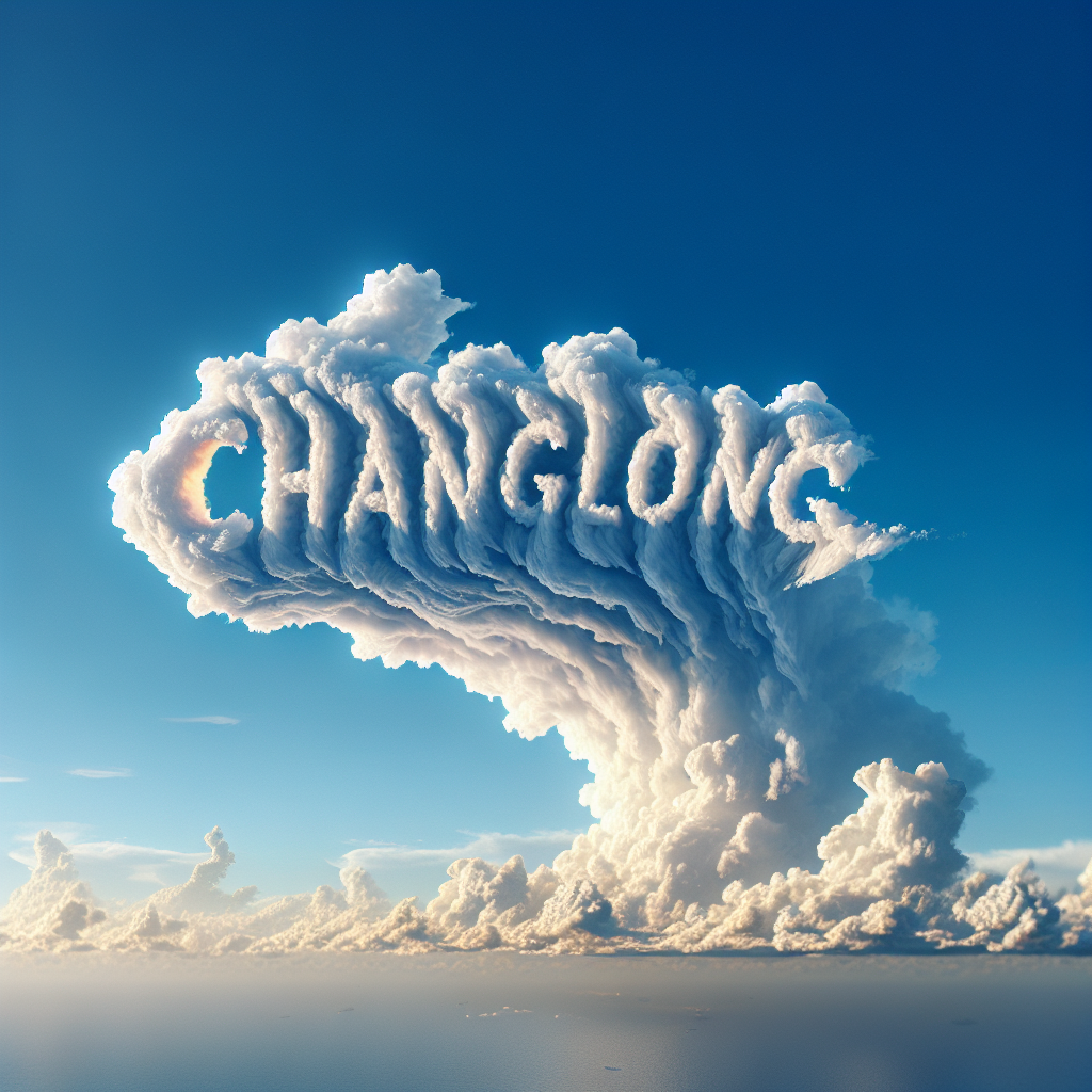 A hyperrealistic depiction of a natural cloud formation in the blue sky. The cloud interestingly forms the phrase 'ChangLong'. The sunlight hitting the cloud gives it a warm glow, and the letters look delicate, yet clearly readable against the beautiful backdrop of azure.