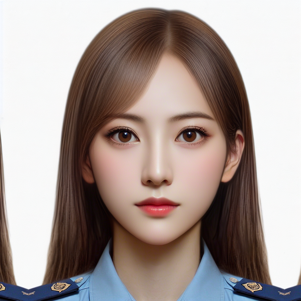 Generate an image of a young, beautiful Chinese female police officer, as typically seen in films. She has an oval-shaped face, almond-shaped eyes, delicate pale skin, and long hair. The image should clearly show her face.