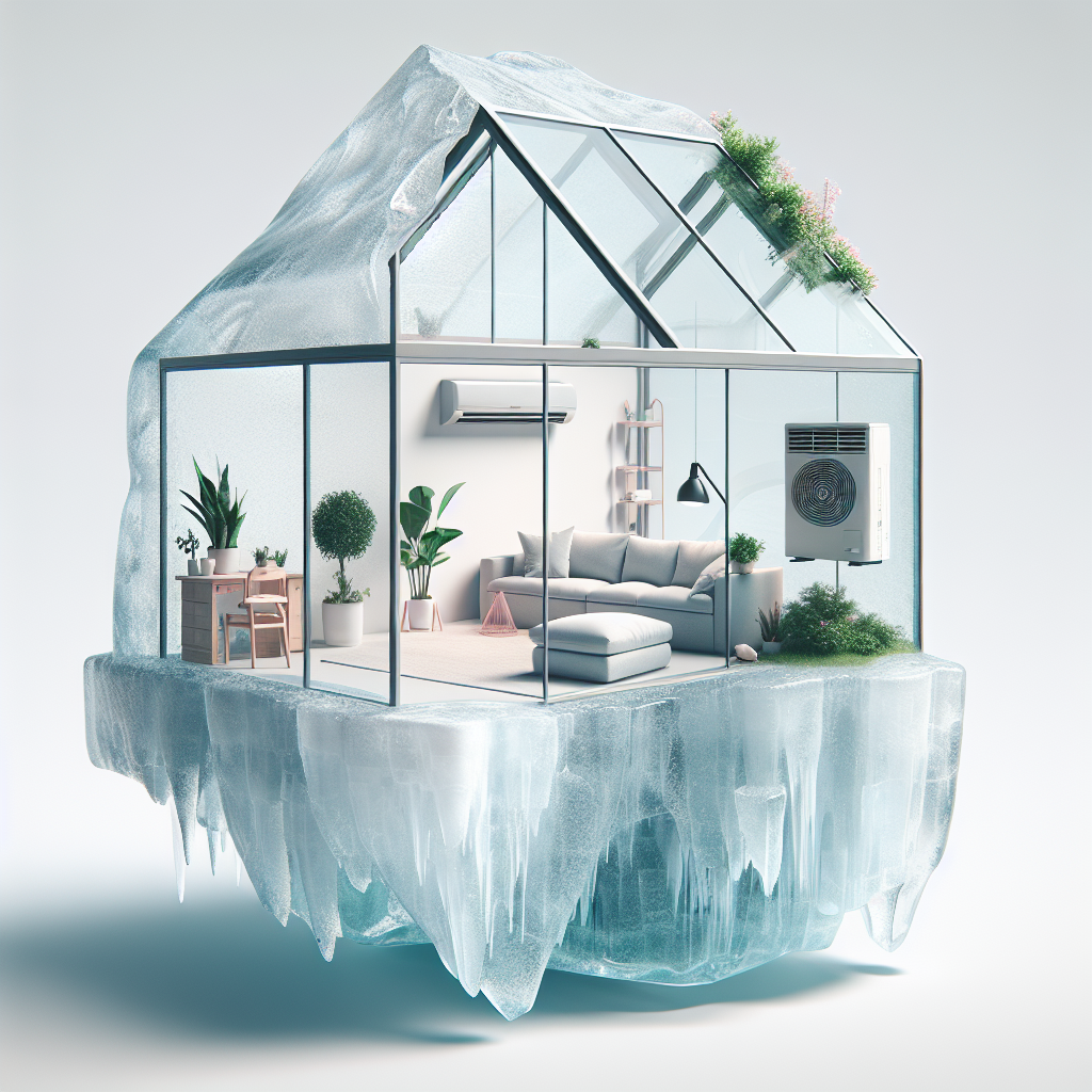 Create an image of a glass house shaped like an iceberg. The house is entirely built out of glass and contains a sofa, plants, and an air conditioner inside.