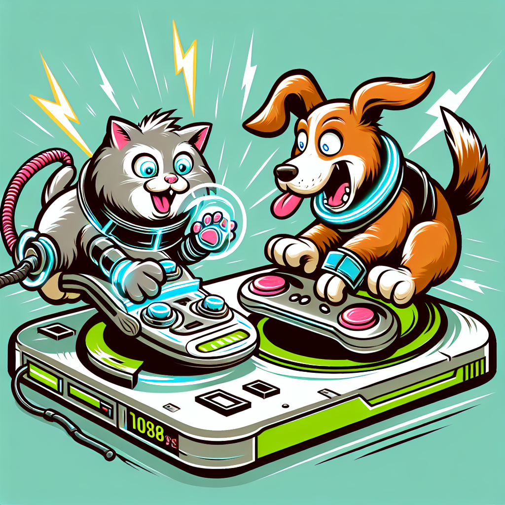 A humorous cartoon-style illustration depicting a playful rivalry between a cat and a dog using futuristic technology. They are drawn using clean, sharp lines and vibrant colors.