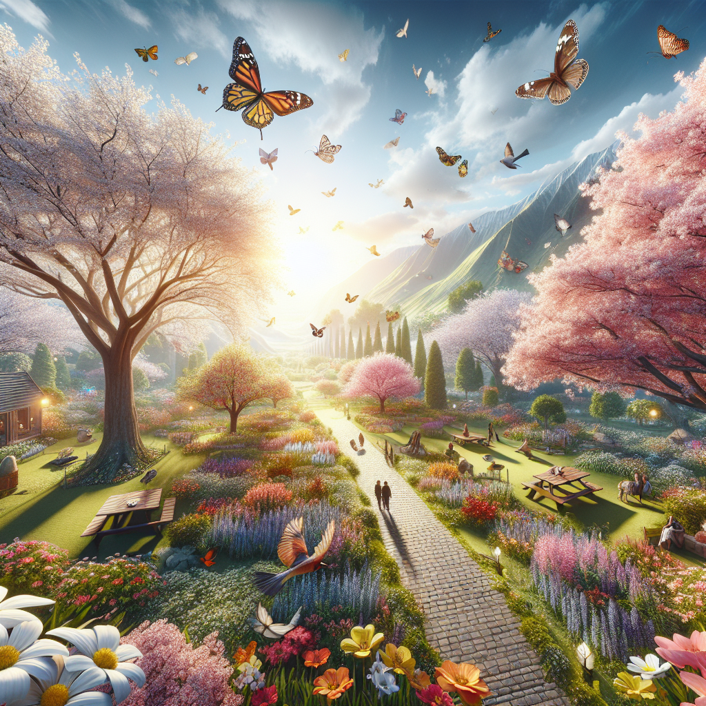 Create an image representing the beautiful scene of the arrival of spring, in the style of a cinematic landscape with a large depth of field. The scene can capture blossoming cherry trees, birds returning from the south, butterflies dancing around colorful flowers, and people enjoying the warm weather. The wide-angle perspective should allow for details in both the foreground and the background to appear sharp and clear. It should convey a sense of renewal and awakening associated with the onset of spring.