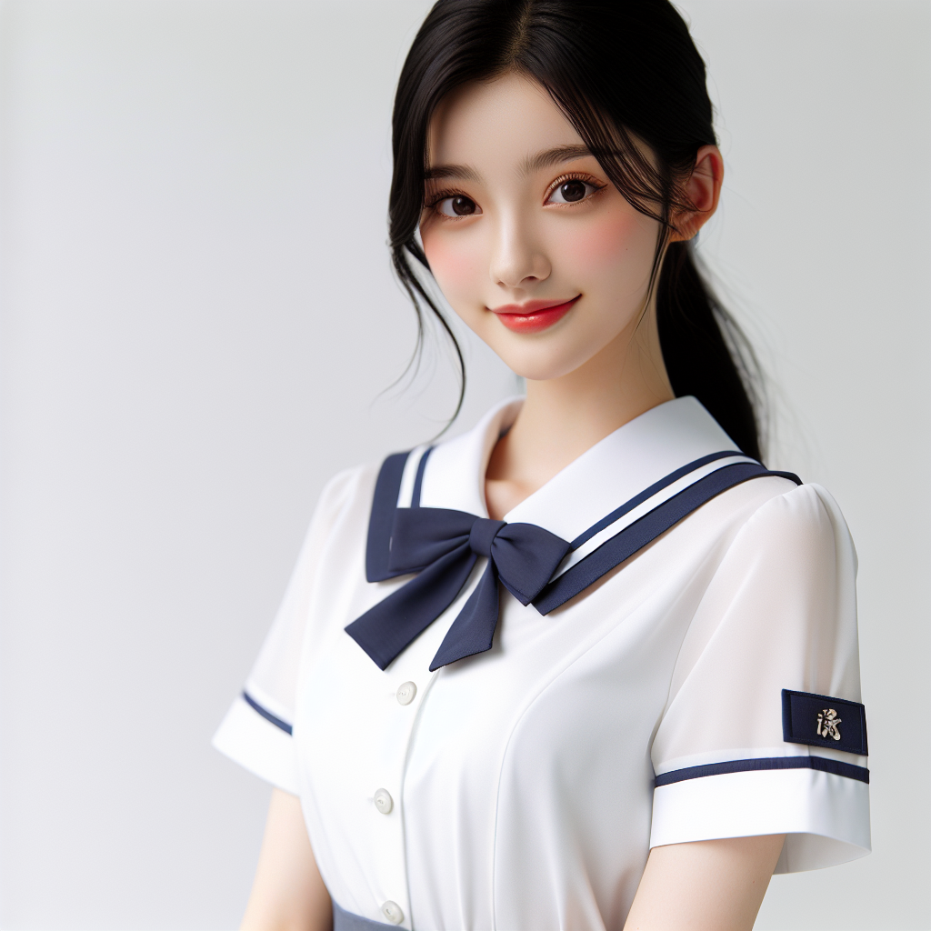 A beautiful high school girl of Chinese descent, dressed in a modern Chinese school uniform. She exudes a confident aura in her neatly tailored uniform consisting of a white blouse and navy blue skirt. Her black hair is styled in a clean ponytail, accentuating her delicate facial features and gentle smile.