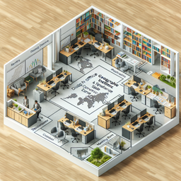 Design an office layout for a Geography Intelligence and Spatial Economics Research Center, with dedicated spaces for research discussions, workstation clusters, a small library, a meeting room, and a collaborative open space.