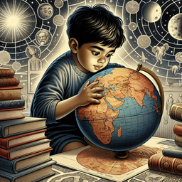 A child of ambiguous gender who is of South Asian descent, continuously exploring and learning from the world. The kid is seen with curious eyes peering into a chart that is intricately detailing the globe. His/her fingers trail over the countries as if memorizing every contour. Beside him/her, a pile of books are stacked up, ready to provide more knowledge about cultures, history, geography of the world. The background is filled with elements symbolizing the vastness of the universe, such as a starry sky, moons of different sizes and far away galaxies.