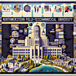 A poster of Northwestern Polytechnical University, showcasing its various educational departments, beautiful campus, and some notable features. The poster is filled with visuals of recognizable architecture, students partaking in academic activities, and graphics signifying the broad scope of learning opportunities available. Text on the poster includes the university name and key informational points about the institution and its departments.