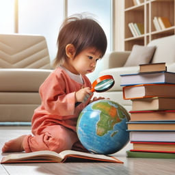 An image of a curious child consistently exploring and learning. The little one can be seen with a magnifying glass in one hand, deeply engrossed in studying something. A pile of books is next to them indicating their hunger for gaining knowledge. The child appears to be of East Asian descent and is dressed in brightly colored clothing that's typical for a casual day at home or school. The background is a serene domestic interior or perhaps a welcoming classroom environment, embodying the spirit of continuous investigation.