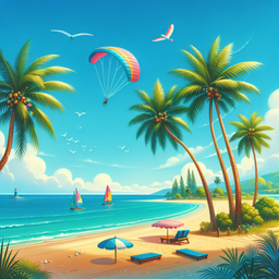 An inviting beach scene complete with a vivid blue sea, coconut trees gently swaying in the breeze. There's a colorful kite performing a dance in the sky, and a paraglider floating effortlessly above. All contribute to the warmth and beauty of the scene.