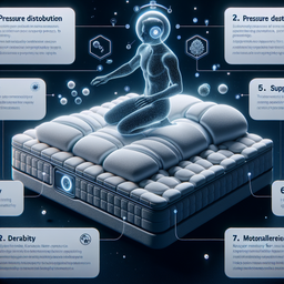 Create a futuristic image illustrating the features of a cutting-edge, memory foam mattress. 1. Pressure distribution: The mattress can evenly disperse body pressure to reduce stress on specific areas such as the spine, pelvis, or shoulders, helping prevent pressure sores. 2. Support: The material adapts under pressure to match the user's body shape and weight, providing excellent support and helping maintain the natural curvature of the spine. 3. Comfort: The memory foam is soft and extremely comfortable, helping promote relaxation and improve sleep quality. 4. Temperature sensitivity: The memory foam responds to body temperature to either soften or harden, providing a thermally regulated comfort environment. 5. Motion isolation: The material's motion isolation properties enable the mattress to absorb vibrations and movements, reducing disruptions for sleeping partners. 6. Durability: Memory foam is a high-density foam material, which ensures long-lasting shape retention. 7. Hypoallergenic: Regular memory foam is not conducive to dust mites and other allergens, making it suitable for individuals with allergies.