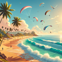 A warm and beautiful seaside with kites flying high in the sky, paragliders soaring above, tall coconut trees swaying in the breeze, and clear, blue ocean waves gently lapping against the shoreline.