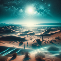 A panoramic view of a desert landscape during daytime. An endless sea of sand dunes under the scorching sun, with the sky above a shimmering bright blue. Sparse vegetation struggling for survival amidst dunes. An occasional cactus adds a touch of green to the otherwise monochrome palette. Trails of wind swirling the sand and a distant mirage completing the surreal scene.
