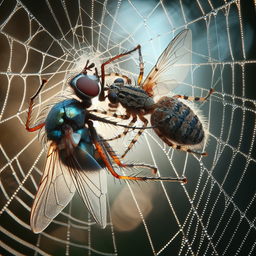 A spider is catching a fly on its spiderweb