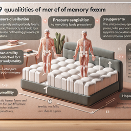 Generate an advertisement image demonstrating the qualities of a memory foam. 1. Pressure Distribution: The memory foam can evenly distribute body pressure, reducing the load on specific body areas like the spine, hip, or shoulder, thereby preventing pressure point formation. 2. Support: The material can reshape under pressure to match the user's body shape and weight, offering good support and helping to maintain the spine's natural arc. 3. Comfort: The foam is soft and very comfortable to use, helping people relax and improving sleep quality. 4. Temperature Sensitivity: Memory foam is sensitive to temperature, softening or hardening according to body temperature, providing a temperature-regulated comfort environment. 5. Motion Isolation: During movement or turnover in bed, the motion isolation quality of memory foam absorbs vibrations and movements, reducing the shock on other parts, very beneficial for undisturbed sleep between partners. 6. Durability: High-density foam material exhibits good durability and long-lasting shape retention. 7. Hypoallergenic: Usual memory foam isn't favorable for dust mites and other allergens, it suppresses allergy sources, suited for allergy-prone users.