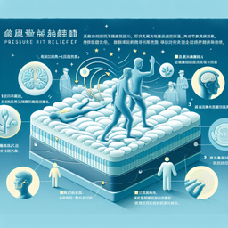 Generate an illustration for a pressure relief memory foam advertisement featuring Chinese text. The image should depict the following features: 1. Pressure Distribution: The foam evenly disperses body pressure lessening stress on specific body parts like the spine, hip bones or shoulders to avoid pressure points. 2. Support: The material changes shape under pressure to match the user's body shape and weight, providing excellent support and maintaining the spine's natural curvature. 3. Comfort: The memory foam is soft and very comfortable, aiding in relaxation and improving sleep quality. 4. Temperature Sensitivity: The foam is sensitive to temperature and softens or stiffens based on body heat, providing a temperature-regulated comfortable environment. 5. Motion Isolation: When someone moves or turns in bed, the foam absorbs the vibration and motion, minimizing the impact on other parts of the bed and thus helping avoid disturbing a partner's sleep. 6. Durability: Memory foam is a high-density foam material and retains its shape for a long time. 7. Hypoallergenic: Memory foam is generally not conducive for dust mites and other allergens, making it suitable for users prone to allergies.