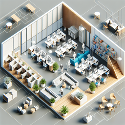 Generate an image of an office space measuring 15 meters in length and 12 meters in width. The office should encompass areas for workstations, discussion, and relaxation.