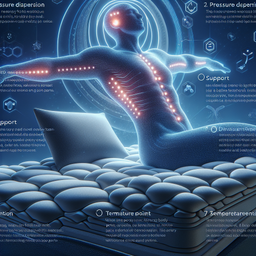 Create a futuristic promotional image for a pressure-relieving memory foam that encompasses the following features: 1. Pressure dispersion: the memory foam can evenly distribute body pressure, reducing stress on specific body parts such as the spine, hips, or shoulders, thus avoiding pressure point formation. 2. Support: the material can change shape under pressure to match the user's body shape and weight, providing good support and helping to maintain the natural curvature of the spine. 3. Comfort: the memory foam is very soft and is very comfortable to use. It helps people relax and improves sleep quality. 4. Temperature sensitivity: the memory foam material is temperature-sensitive and can soften or harden according to body temperature, providing a temperature-regulated comfort environment. 5. Motion isolation: When one person turns or moves in bed, the memory foam's motion isolation feature can absorb vibration and motion, reducing impact on other parts, which is very helpful for not disturbing a partner's sleep. 6. Durability: memory foam is a high-density foam material with good durability and long-lasting shape retention. 7. Hypoallergenic: standard memory foam is not friendly to dust mites and other allergenic substances, inhibiting allergens, making it suitable for users with allergies.