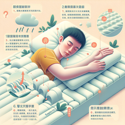 Create an advertising image for memory foam that alleviates pressure, with text in Chinese. The image should show the following characteristics: 1) Pressure dispersion: The memory foam can disperse body pressure evenly, reducing pressure on specific body parts such as the spine, hips, or shoulders, thereby avoiding the formation of pressure points. 2) Supportive: The material changes shape under pressure to match the user's body shape and weight, providing good support, and helping to maintain the natural curvature of the spine. 3) Comfort: Memory foam is soft and feels very comfortable when used, which can help people relax easily and improve sleep quality. 4) Temperature sensitivity: Memory foam is temperature-sensitive, softening or hardening according to body temperature, providing a comfortable temperature-regulated environment. 5) Motion isolation: When one person in the bed moves or turns, the foam absorbs the vibrations and reduces impact on other parts, which is very helpful for not disturbing a partner's sleep. 6) Durability: Memory foam is a high-density foam material, with high durability and long-lasting shape retention ability. 7) Hypoallergenic: Regular memory foam isn't friendly to dust mites and other allergens, it can inhibit allergens, suitable for users with allergies.