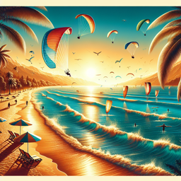 A warm, beautiful seascape featuring kites, paragliders, palm trees, and the azure sea. The image dimensions are 1283 in length and 848 in width.
