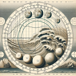 An detailed illustration of a tide chart, showing the rise and fall of sea levels over time due to the gravitational effects of the moon and sun. The chart should depict distinctive points of high tide and low tide, along with times and dates. The sea's surface elevation related to various phases of the lunar cycle should also be evident.