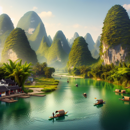 A picturesque landscape of Guilin depicting its renowned karst topography. There are towering limestone hills covered in lush green vegetation emerging from serene, clear waters. Floating on the water are small wooden boats with local fishermen busy with their nets. A few traditional Chinese structures are seen nestled between the hills. The overall ambiance radiates tranquility and harmony between nature and humans.