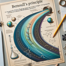 An educational image that illustrates the Bernoulli's principle. It should explain the concept by showing a visual of a fluid, possibly air, moving in a path that narrows and then widens, demonstrating the principle that as the speed of a fluid increases, its pressure decreases, and vice versa. Include captions and diagrams to effectively describe the concept.