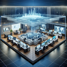 Create an image of a spacious rectangular office designed as a Geospatial Intelligence and Spatial Economy Research Center. The office should radiate a sense of modernity and technology, filled with advanced spatial analysis equipment, large digital maps and data visualizations, ergonomic furniture, and contemporary dÃ©cor. The atmosphere should be one of intellectual fervor and cutting-edge research.