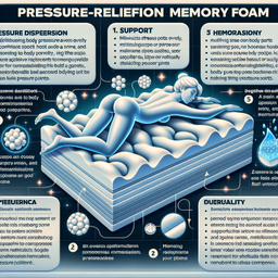 Create a detailed informative advertisement image for a pressure-relief memory foam showcasing its key features. 1. Pressure dispersion: memory foam distributing body pressure evenly, minimizing stress on specific body parts such as the spine, hip, or shoulder, thereby preventing pressure points. 2. Support: foam material molding under pressure to accommodate the user's body shape and weight offering good support, assisting in maintaining the natural spinal curve. 3. Comfort: Soft and comfortable memory foam, aids relaxation and promotes better sleep quality. 4. Temperature sensitivity: Material being sensitive to temperature, becoming softer or firmer according to body temperature, providing a temperature-adjustable comfort environment. 5. Motion isolation: Memory foam absorbs vibrations and movements, reducing disturbances when a person moves in bed, making it particularly useful for couples. 6. Durability: High-density foam material with good durability and the ability to retain its shape for a long time. 7. Hypoallergenic: Memory foam resisting dust mites and other allergens, stifling allergen sources, suitable for those with allergies.