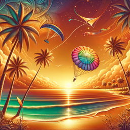 An image depicting a warm and beautiful beach scene. It includes intricate details like a joyfully colored kite dancing in the sky, a paraglider gently soaring aloft, and towering coconut trees swaying lightly in the breeze. The ambience is serene and inviting with a sunset casting vibrant hues across the sky and shimmering on the tranquil sea.