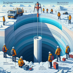 Create an image of a cross-sectional view of the Antarctic ice layer, with geographic scientists conducting a physical parameter measurement on an ice cap borehole using a well-logging instrument. The logging instrument, having a cylindrical shape, is being lowered into the borehole. The scientists are standing on the surface of the ice layer with a deep drill hole visible in the middle where the logging device is being placed. The ice layer information should comprise over seventy percent of the image content. Represent the scientists with diversity, including males and females of different descents such as Hispanic, Middle-Eastern, and South Asian.